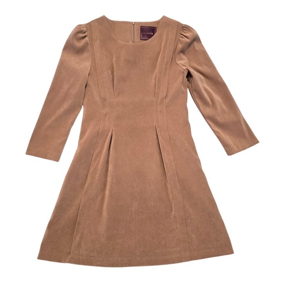 Chloe Chen Womens Camel Brown Faux Suede Skater Dress S Pleated LS Earthy Oxford - Picture 1 of 14